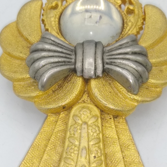 Jac Win Design Gold Tone Angel Bow Brooch Pendant w Pearl Accent Signed Vintage - Picture 4 of 11